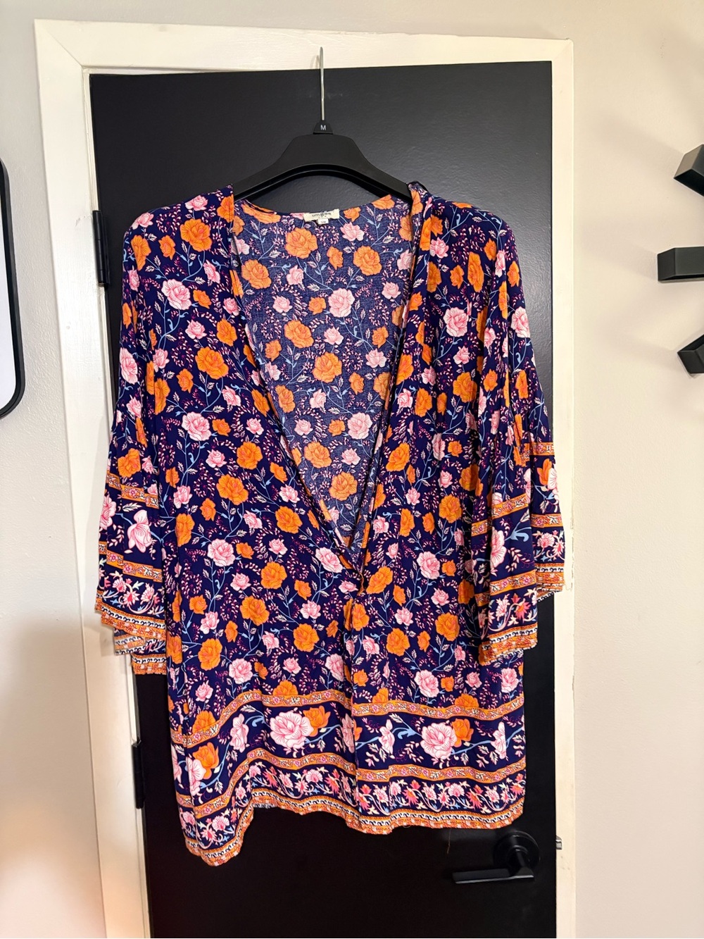 Umgee Floral Kimono Cardigan in Navy with Orange & Pink Flowers Sz S/M